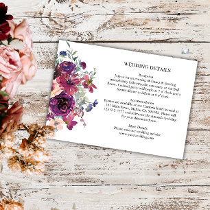 Burgundy Watercolor Flowers Boho Wedding Details Enclosure Card