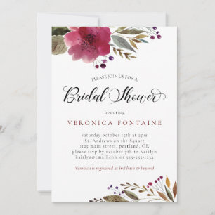Burgundy Watercolor Flowers Bridal Shower Invitation