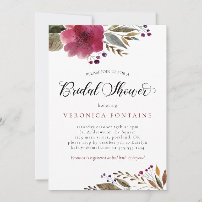 Burgundy Watercolor Flowers Bridal Shower Invitation (Front)