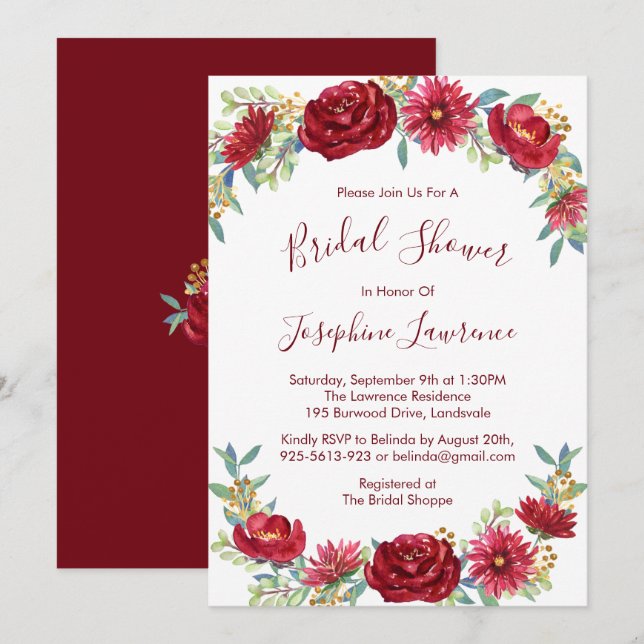 Burgundy Watercolor Flowers Bridal Shower Invitation (Front/Back)