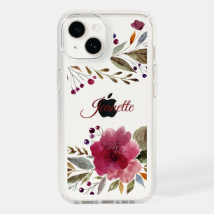 Burgundy Watercolor Flowers Elegant Monogram Name Speck iPhone 14 Case