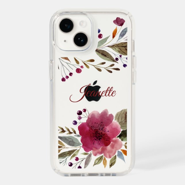 Burgundy Watercolor Flowers Elegant Monogram Name Speck iPhone Case (Front)