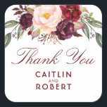 Burgundy Watercolor Flowers Elegant Thank You Square Sticker<br><div class="desc">Wedding floral thank you stickers</div>