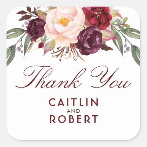 Burgundy Watercolor Flowers Elegant Thank You Square Sticker