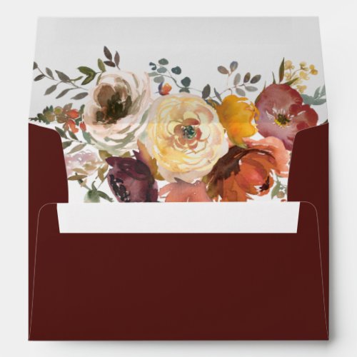 Burgundy Watercolor Flowers Fall Wedding Envelope