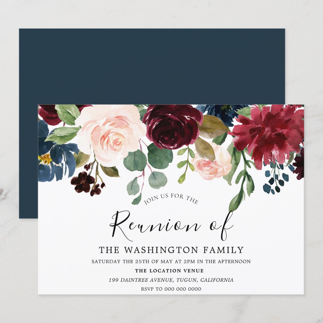 Burgundy Watercolor Flowers Family Reunion Invite Zazzle