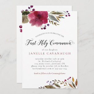 Burgundy Watercolor Flowers First Holy Communion Invitation