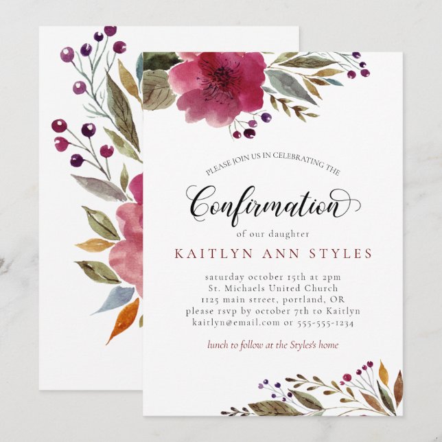 Burgundy Watercolor Flowers Girl Confirmation Invitation (Front/Back)