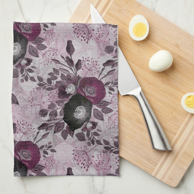 Burgundy watercolor flowers. kitchen towel (Quarter Fold)