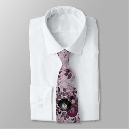 Burgundy watercolor flowers  neck tie