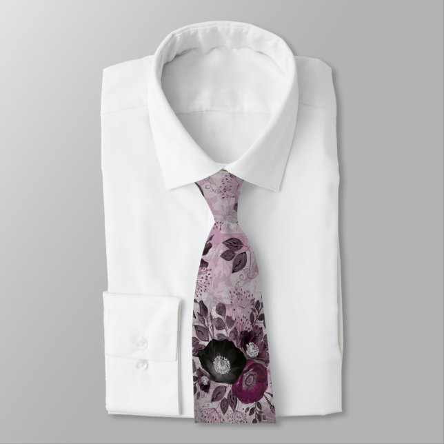 Burgundy watercolor flowers.  neck tie (Tied)