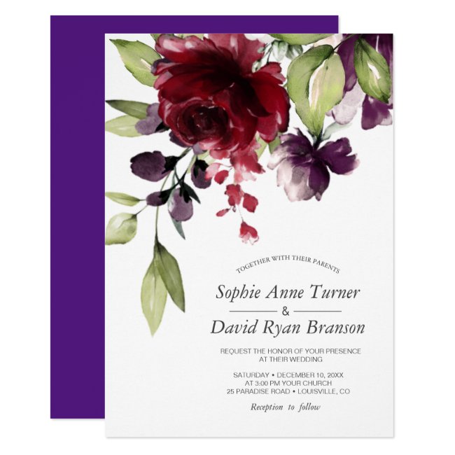 Burgundy Watercolor Flowers Royal Purple Wedding Invitation