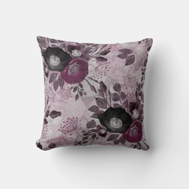 Burgundy watercolor flowers.  throw pillow (Front)