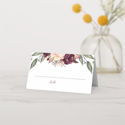 Burgundy Watercolor Flowers Wedding Place Card