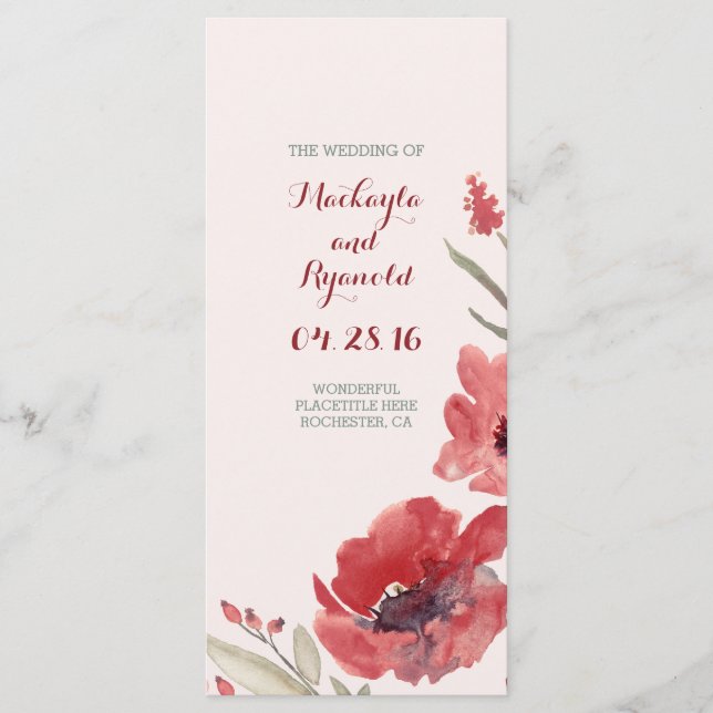 burgundy watercolor flowers wedding programs (Front)