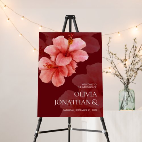 Burgundy Watercolor Flowers Wedding Welcome Sign