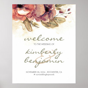 Burgundy Watercolor Flowers Wedding Welcome Sign