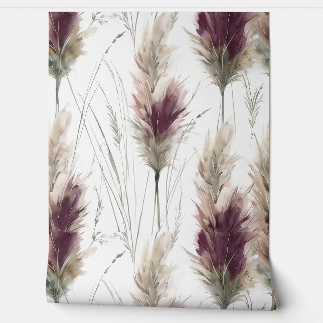 Burgundy Watercolor Fluffy Grasses  Wallpaper (Unrolling)