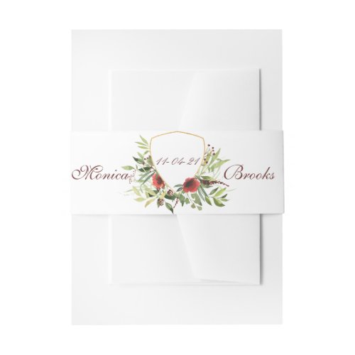 Burgundy Watercolor Frame and Flowers Wedding Invitation Belly Band