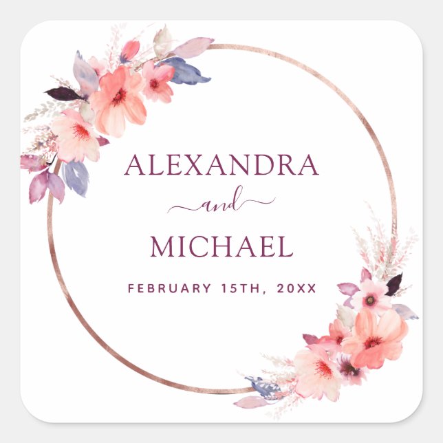 Burgundy Watercolor Geometric Floral Wedding Seal (Front)