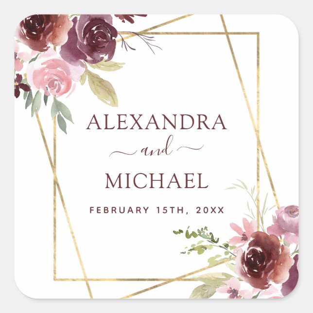 Burgundy Watercolor Geometric Floral Wedding Square Sticker (Front)