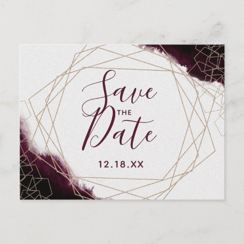 Burgundy Watercolor Geometric Frame Save the Date Announcement Postcard