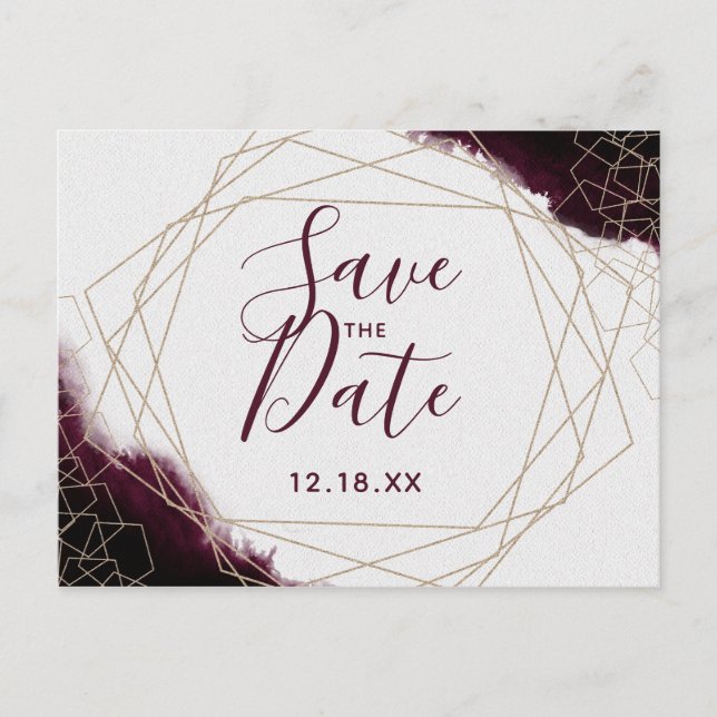 Burgundy Watercolor Geometric Frame Save the Date Announcement Postcard (Front)
