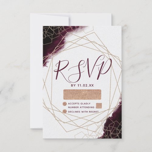 Burgundy Watercolor Geometric Frame Wedding RSVP