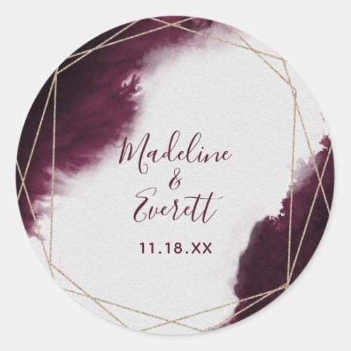 Burgundy Watercolor Geometric Monogram Wedding Classic Round Sticker