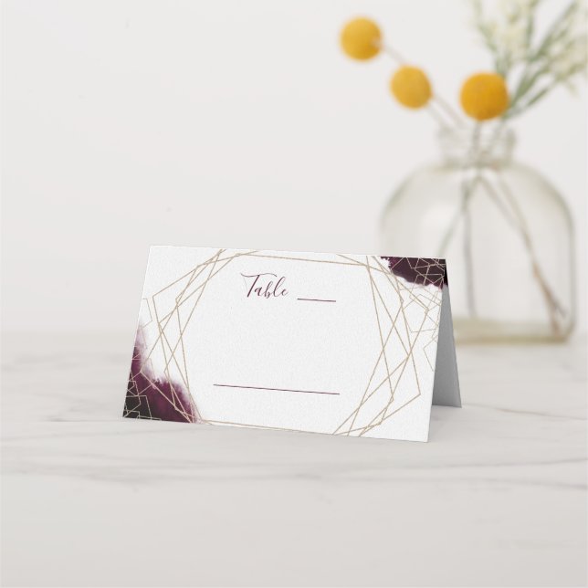Burgundy Watercolor Geometric Table Number Place Card (Front)
