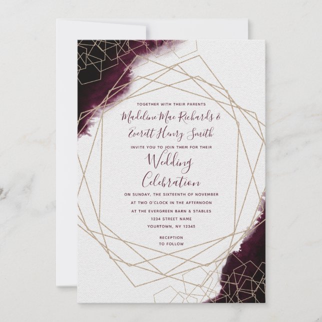 Burgundy Watercolor Geometric Wedding Invitation (Front)