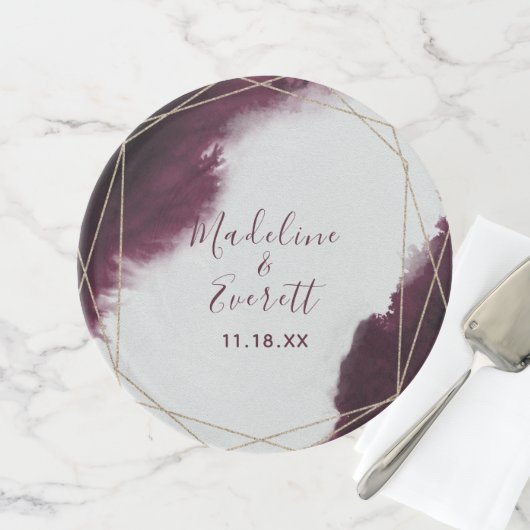 Burgundy Watercolor Geometric Wedding Monogram Cake Stand (Front)