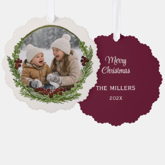 Burgundy Watercolor Greenery Christmas Photo Ornament Card