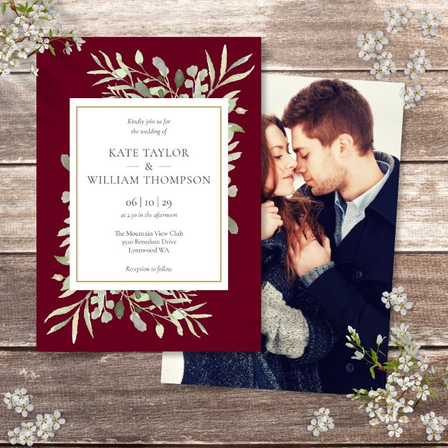 Burgundy Watercolor Greenery Photo Wedding Invitation (Burgundy Watercolor Greenery Photo Wedding Invitation)
