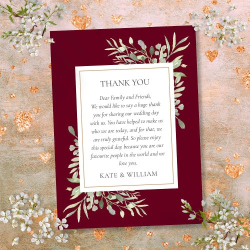 Burgundy Watercolor Greenery Wedding Thank You Place Card
