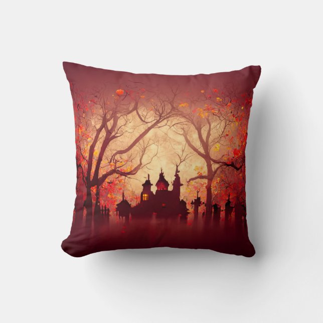 Burgundy Watercolor Halloween Throw Pillow (Front)