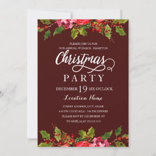Burgundy Watercolor Holly Leaf Christmas Party Invitation