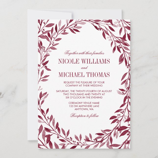 Burgundy Watercolor Laurel Wreath Wedding Invitation (Front)