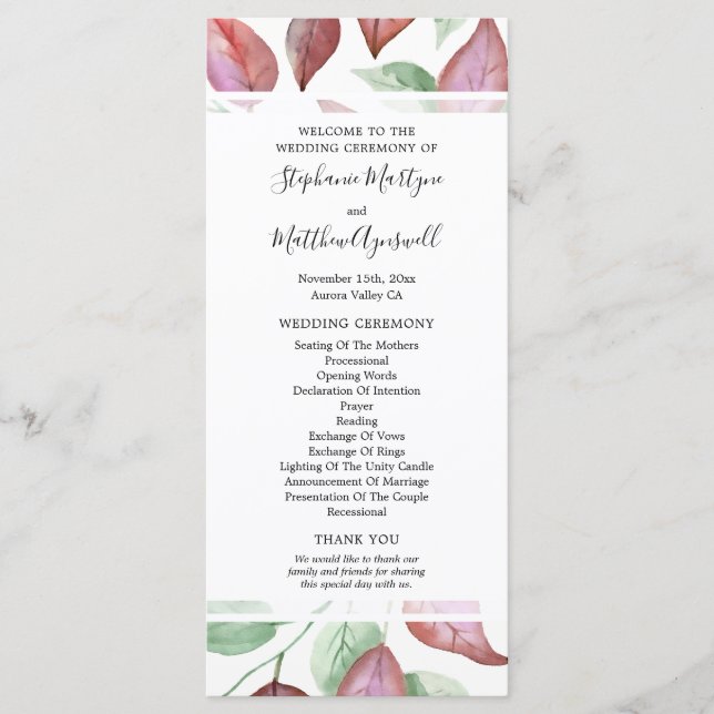 Burgundy Watercolor Leaf Foliage Wedding Ceremony Program (Front)