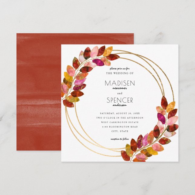 Burgundy Watercolor Leaves Gold Wedding Invitation (Front/Back)