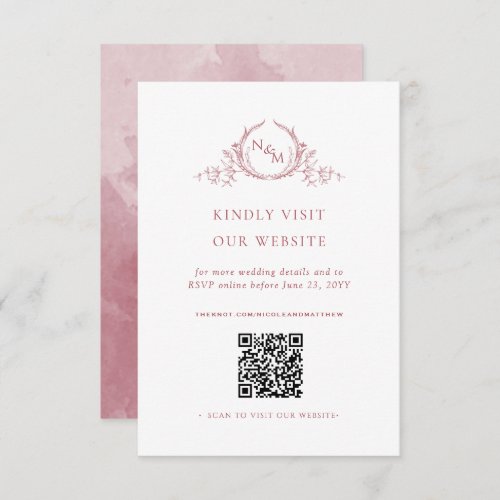 Burgundy Watercolor Monogram QR CodeRSVP Online Enclosure Card