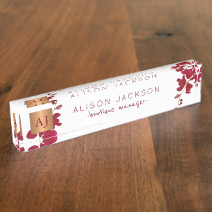 Burgundy watercolor orchid copper monogrammed name plate