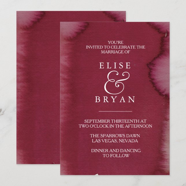 Burgundy Watercolor Paint Splash Wedding Invite (Front/Back)