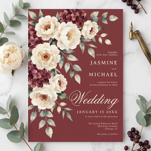 Burgundy Watercolor Peony Moody Winter Wedding Invitation (Creator Uploaded)