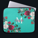 Burgundy Watercolor Peony Rose Floral  Monogrammed Laptop Sleeve<br><div class="desc">Burgundy watercolor botanical peony rose floral girly Laptop Sleeve. Burgundy, marsala, white watercolor peony roses, botanical floral chich design with dark green leaves and berries on aqua or turquoise background. Feature an elegant handwritten typography design with your name, Monogram and pretty fall, winter burgundy peony roses bouquet. Perfect choise for...</div>