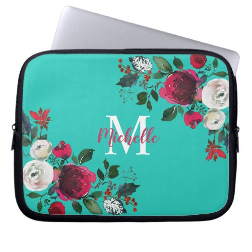 Burgundy Watercolor Peony Rose Floral  Monogrammed Laptop Sleeve