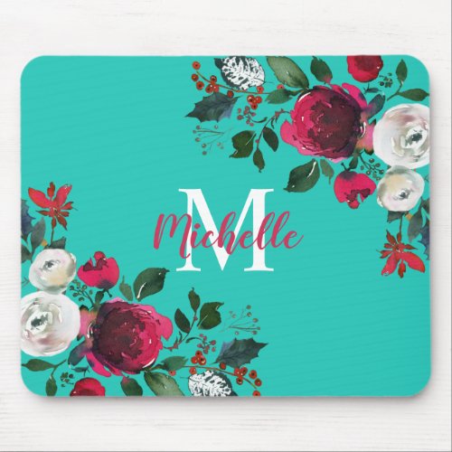 Burgundy Watercolor Peony Rose Floral  Monogrammed Mouse Pad