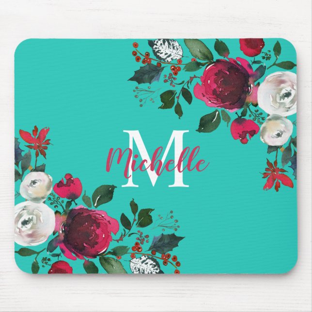 Burgundy Watercolor Peony Rose Floral  Monogrammed Mouse Pad (Front)