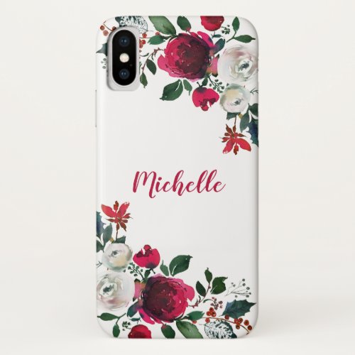 Burgundy Watercolor Peony Rose Floral  Name iPhone X Case