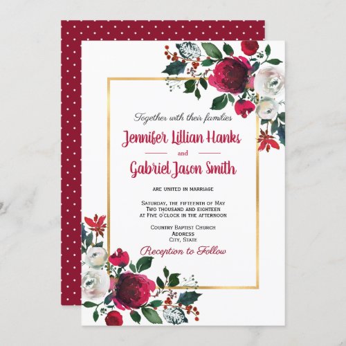 Burgundy watercolor rose floral gold foil wedding invitation